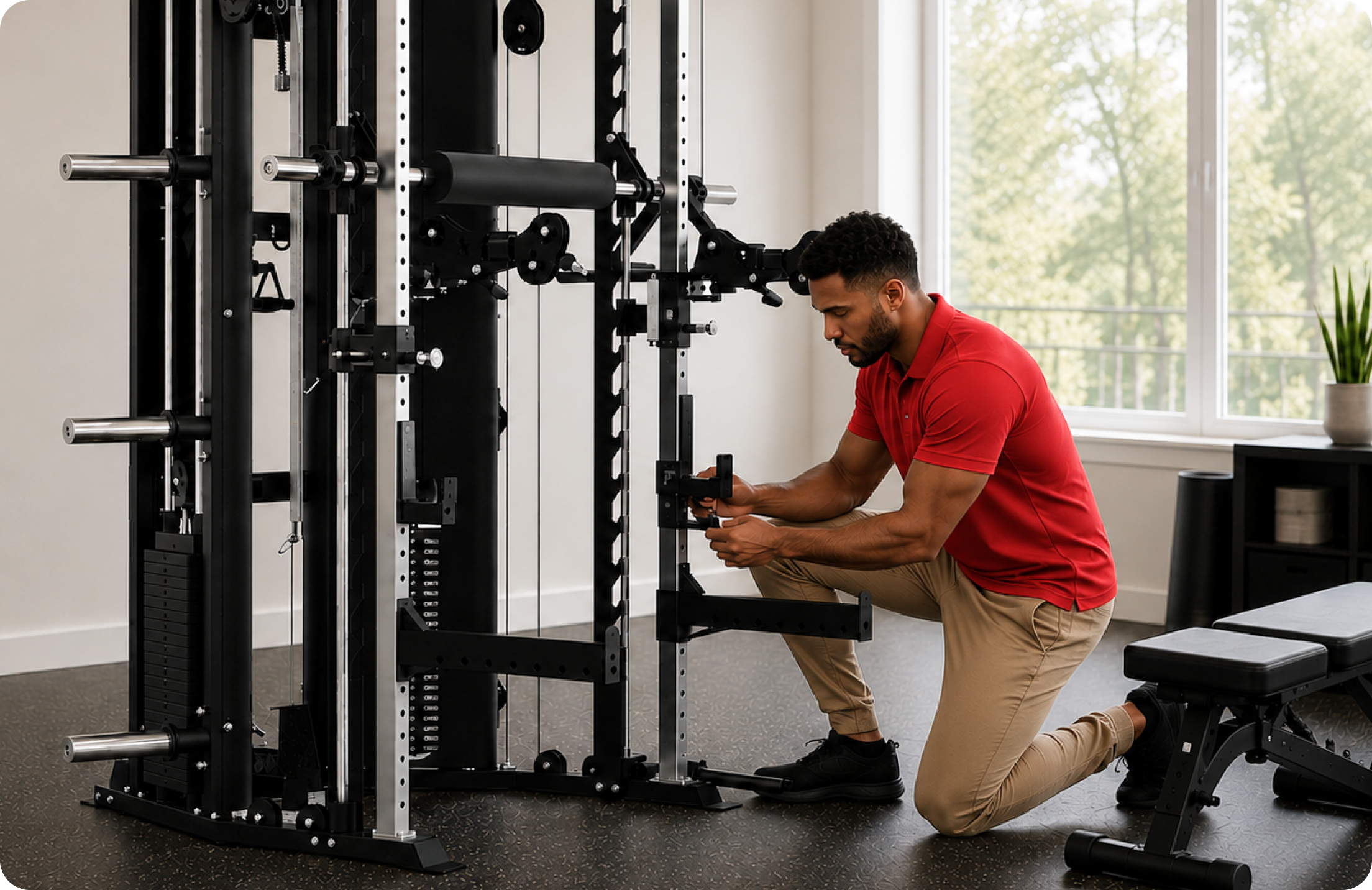 Johnson Fitness professional delivering and assembling Force USA equipment in a customer's home.