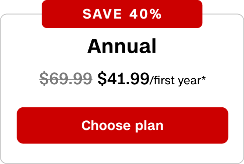 Annual plan is $41.99 for your first year, save 40% with a limited-time offer
