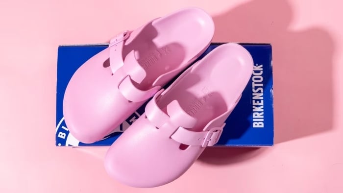 A pink pair of Birkenstock clogs