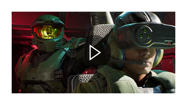 The Master Chief and a marine. Play button overlay.