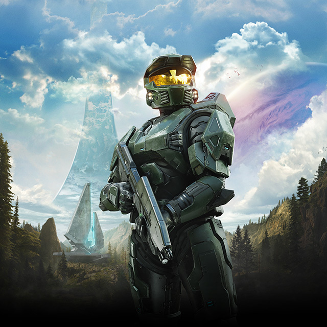Key art for Halo: Campaign Evolved featuring the Master Chief standing on the original Halo ringworld with an assault rifle.