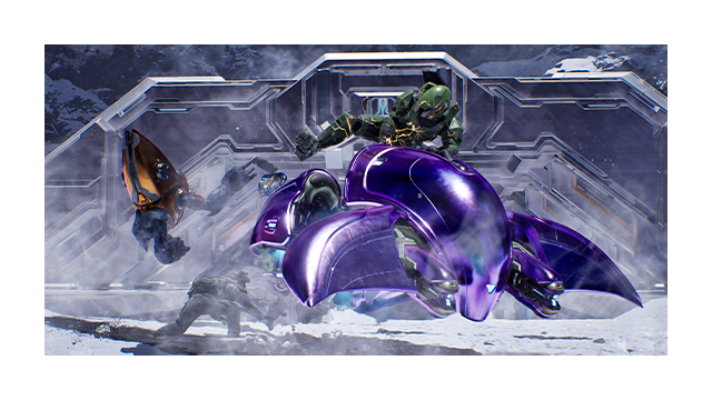 The Master Chief mounts a Ghost after booting a grunt from the pilot seat.