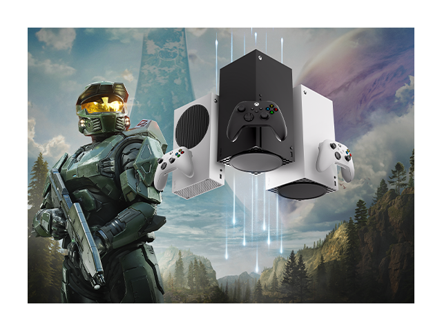 Key art for Halo: Campaign Evolved overlaid with three floating XBOX Series X|S consoles.