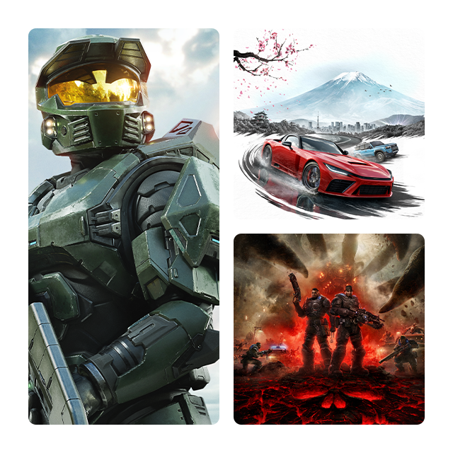 A rectangular arrangement of key art from Halo: Campaign Evolved, Forza Horizon 6, and Gears of War: E-Day.