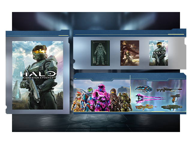 Art showcasing the contents of Halo: Campaign Evolved Premium Edition.