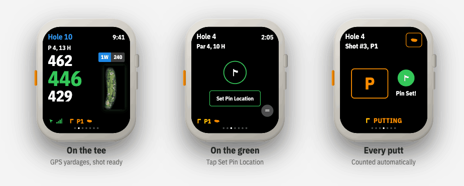 Apple Watch showing GPS yardages on the tee, Set Pin Location on the green, and automatic putt counting