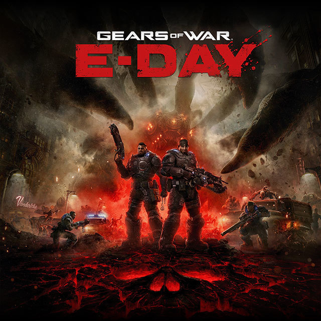 Key art for Gears of War: E-Day depicting the chaos of Emergence Day unfolding around Marcus and Dom.