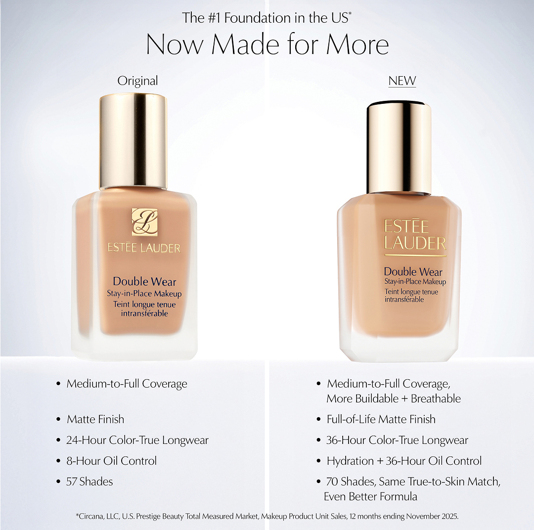 The #1 Foundation in the US* | Now Made for More | Original | Medium-to-Full Coverage | Matte Finish | 24-Hour Color-True Longwear | 8-Hour Oil Control | 57 Shades | NEW | Medium-to-Full Coverage, More Buildable + Breathable | Full-of-Life Matte Finish | 36-Hour Color-True Longwear | Hydration + 36-Hour Oil Control | 70 Shades, Same True-to-Skin Match, Even Better Formula | *Circana, LLC, U.S. Prestige Beauty Total Measured Market, Makeup Product Unit Sales, 12 months ending November 2025.