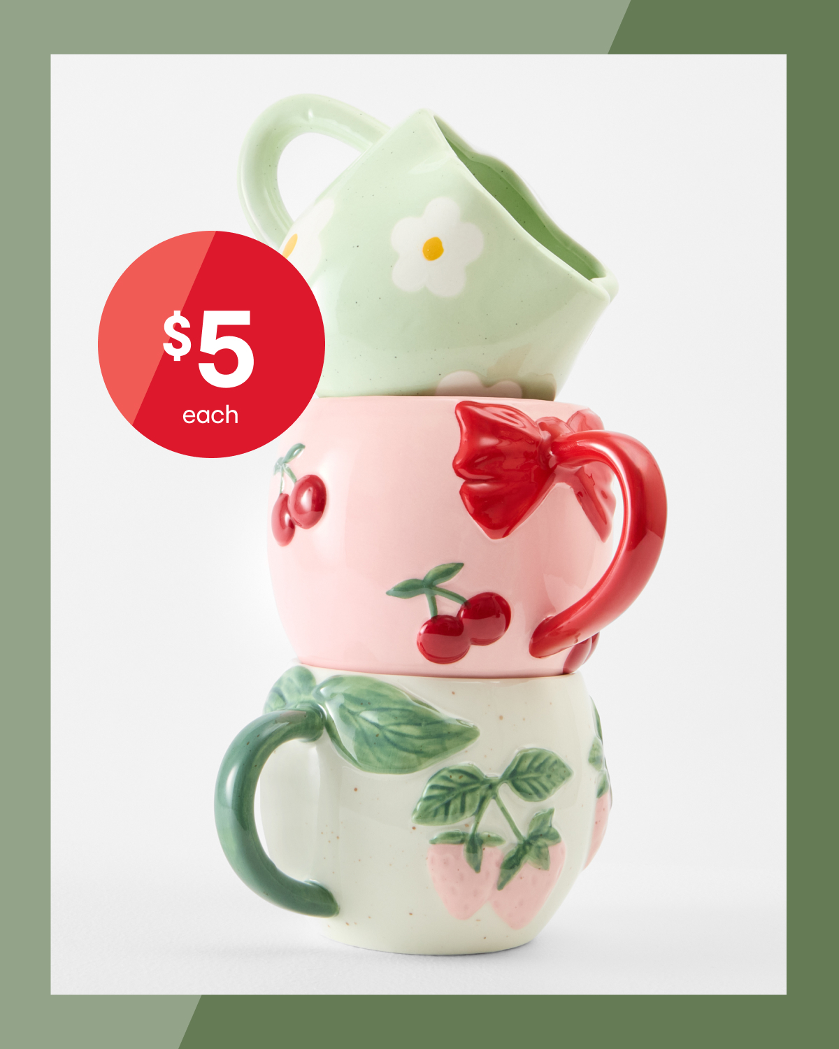 Strawberry, flower or cherry mug $5ea.