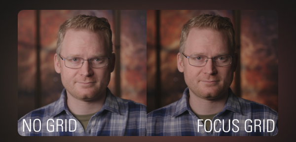 Side-by-side comparison of a portrait with no grid versus Focus Grid attached, showing tighter beam.