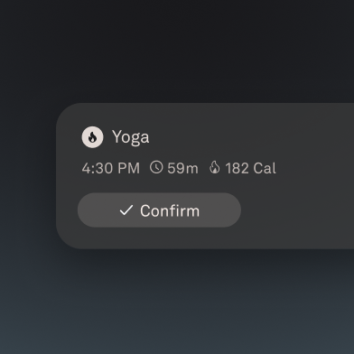 Oura app card for a Yoga session at 7:10 AM, 59 minutes, 182 calories, 101 bpm, with Confirm and Edit options