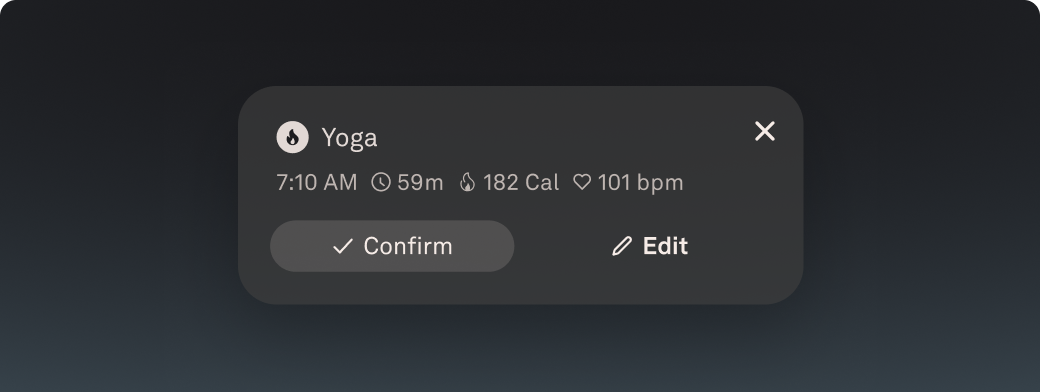 Oura app card for a Yoga session at 7:10 AM, 59 minutes, 182 calories, 101 bpm, with Confirm and Edit options