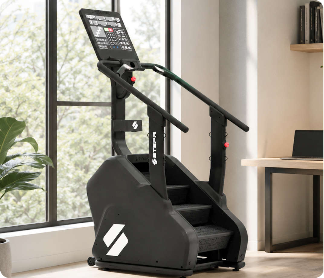 STEPR machine positioned in a bright home workout space.