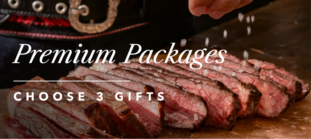 Promotional graphic listing reward package tiers: Premium Packages offering a choice of 3 gifts shown with sliced fire-roasted cuts.