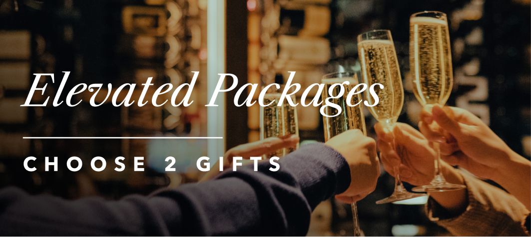 Promotional graphic listing reward package tiers: Elevated Packages offering a choice of 2 gifts shown with a champagne toast