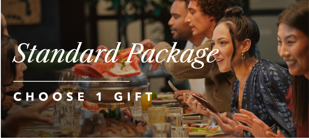 Promotional graphic listing reward package tiers: Standard Package offering a choice of 1 gift shown with friends dining together