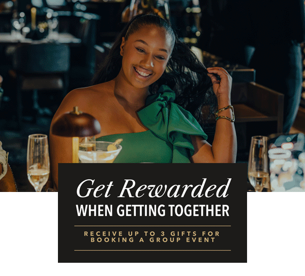 Three images of groups dining together with the tagline 'Get Rewarded for Getting Together' promoting the Holiday Group booker where you can get upto 3 Gifts for booking an event