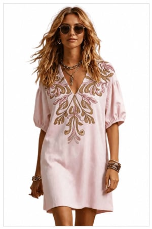 Chic YC Women's Floral Embroidered V-Neck Mini Dress Puff Sleeve Casual Summer Sundress