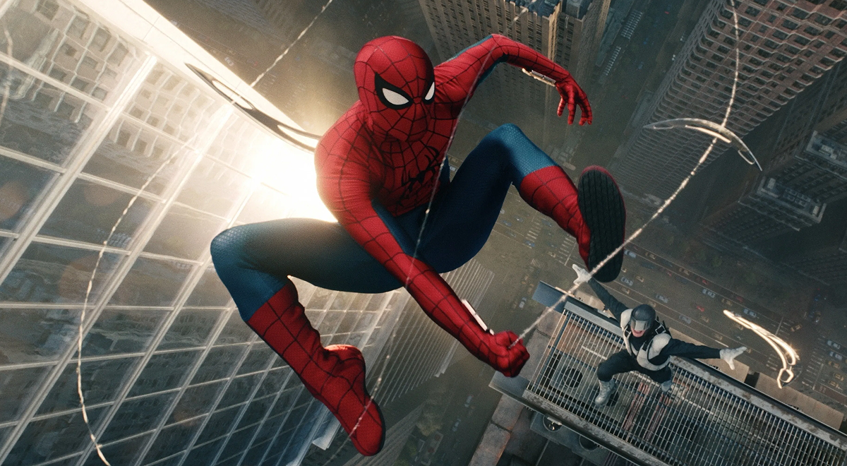This is a promotional image for the new movie Spider-Man Brand New Day. It features Spider-Man in his classic red-and-blue costume, swinging on a web above the urban streets of New York City.