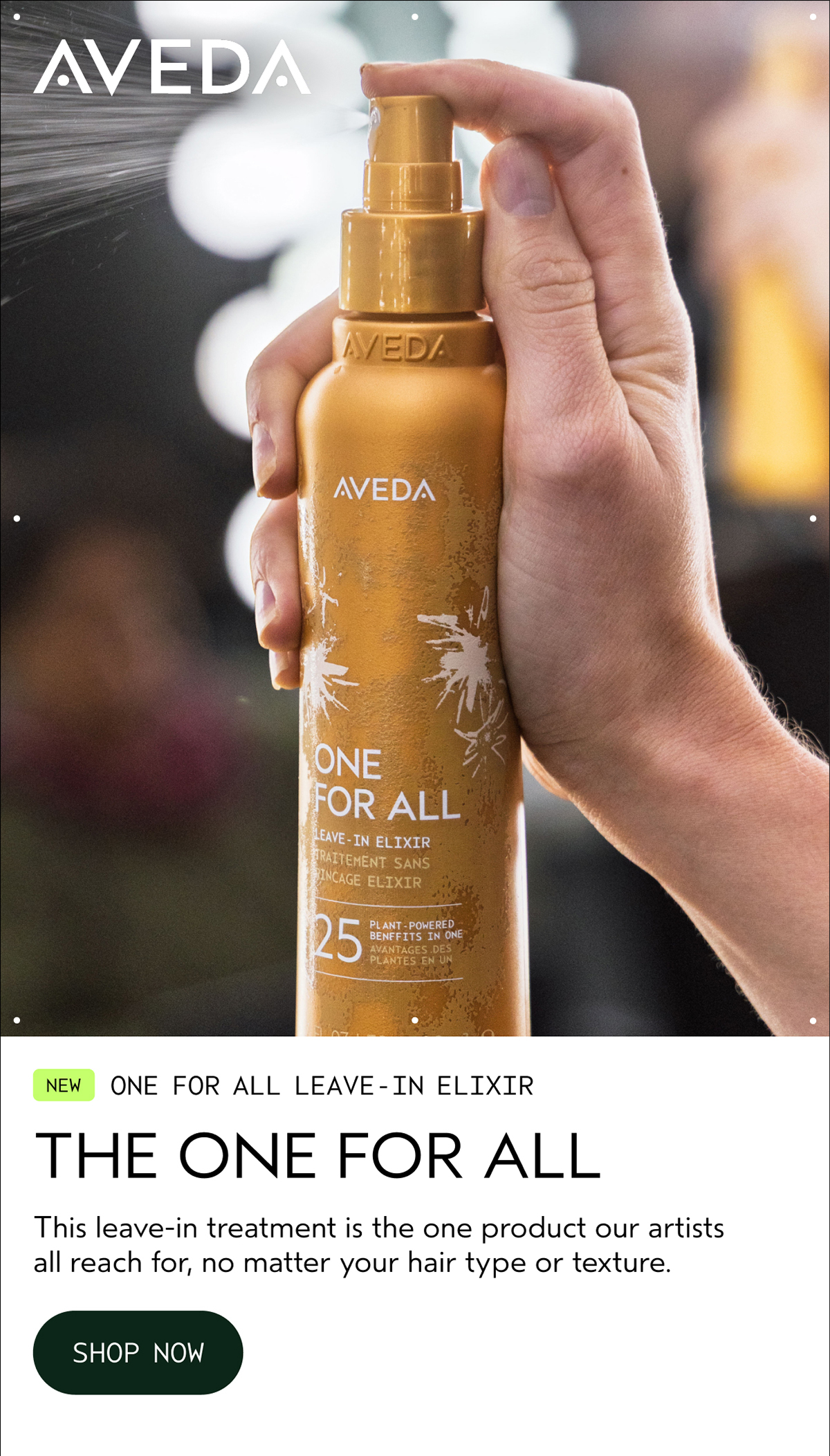 AVEDA | NEW ONE FOR ALL LEAVE-IN ELIXIR | THE ONE FOR ALL | This leave-in treatment is the one product our artists all reach for, no matter your hair type or texture. | SHOP NOW