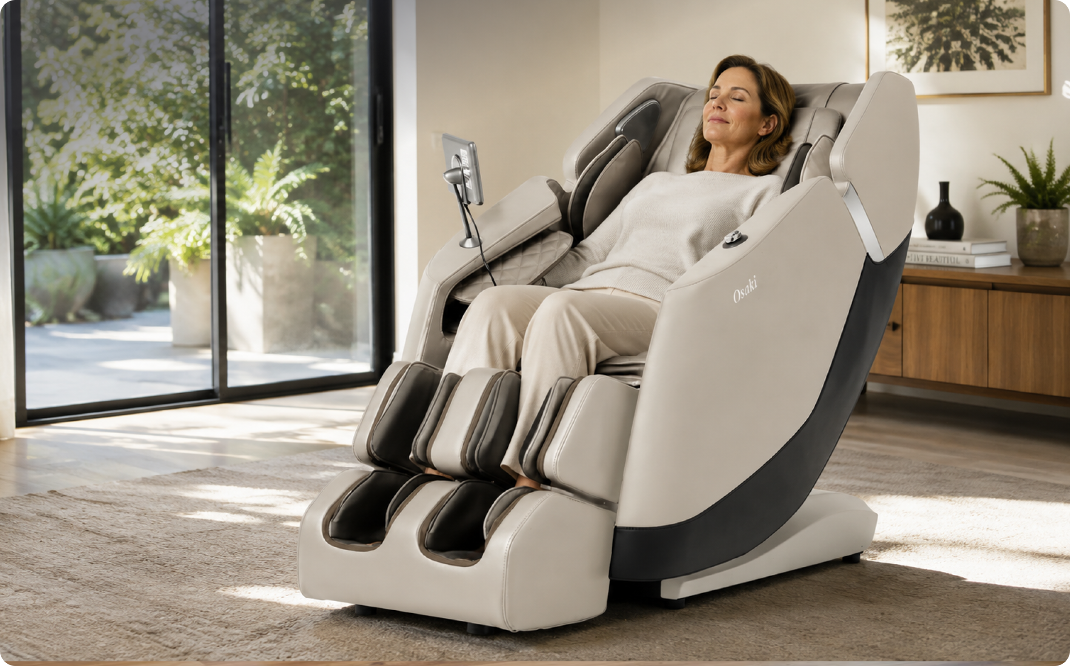 Woman relaxing in a Osaki Ziva massage chair at home. Woman relaxing in a Osaki Ziva massage chair at home.