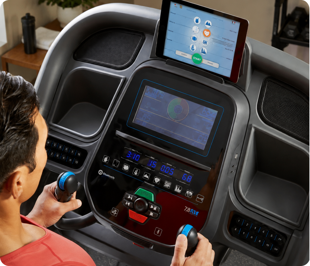 Man using a Horizon treadmill console with connected fitness content.
