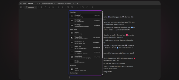 Formatting options in the script editor.