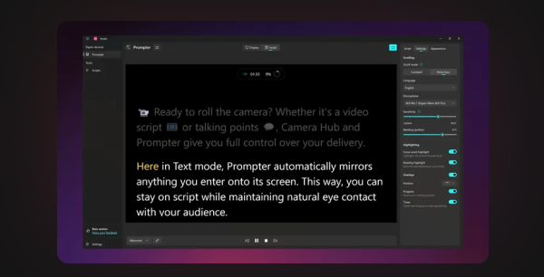 Prompter's script view and settings panel