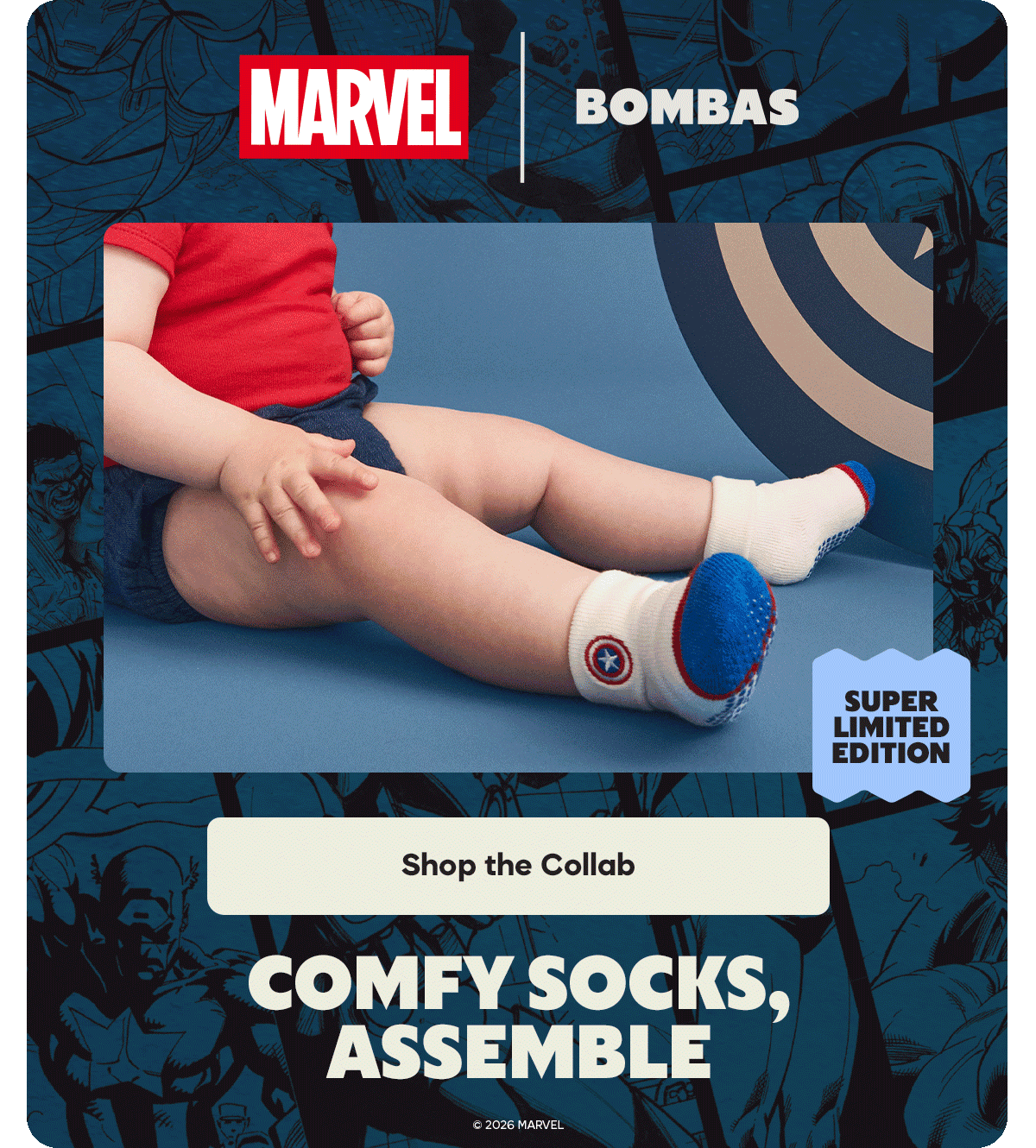 MARVEL. BOMBAS. SUPER LIMITED EDITION. Shop the Collab. COMFY SOCKS, ASSEMBLE. © 2026 MARVEL
