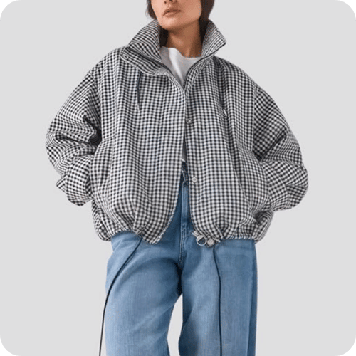 Gingham jacket with funnel collar
