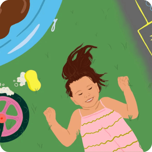 an illustration of a tired toddler lying in the grass