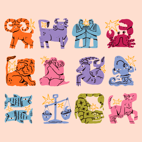 illustrations of all 12 zodiac signs