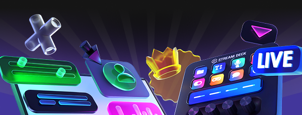 A 3D illustration of Stream Deck panels, sliders, and a LIVE badge