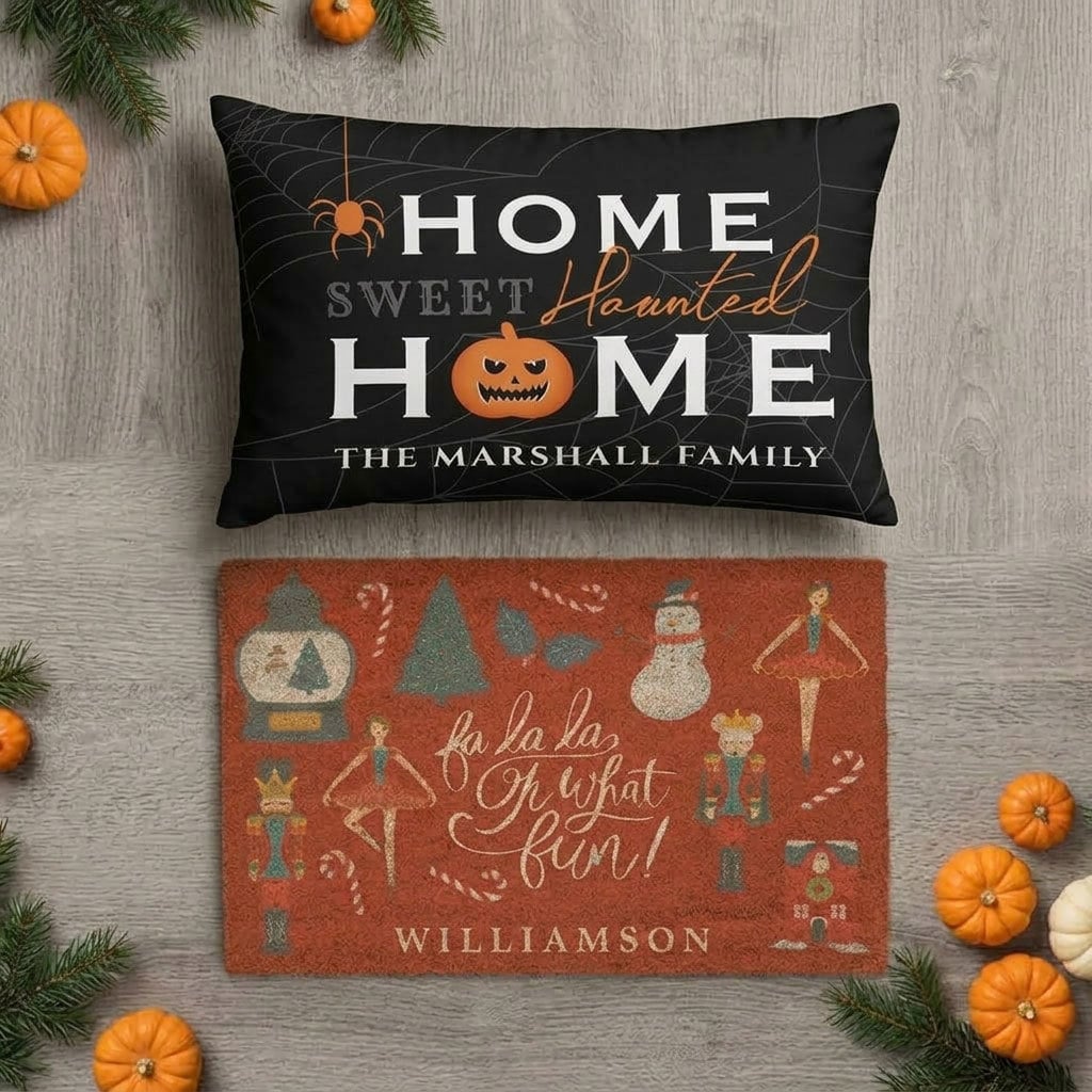 A Halloween pillow and a Christmas door mat