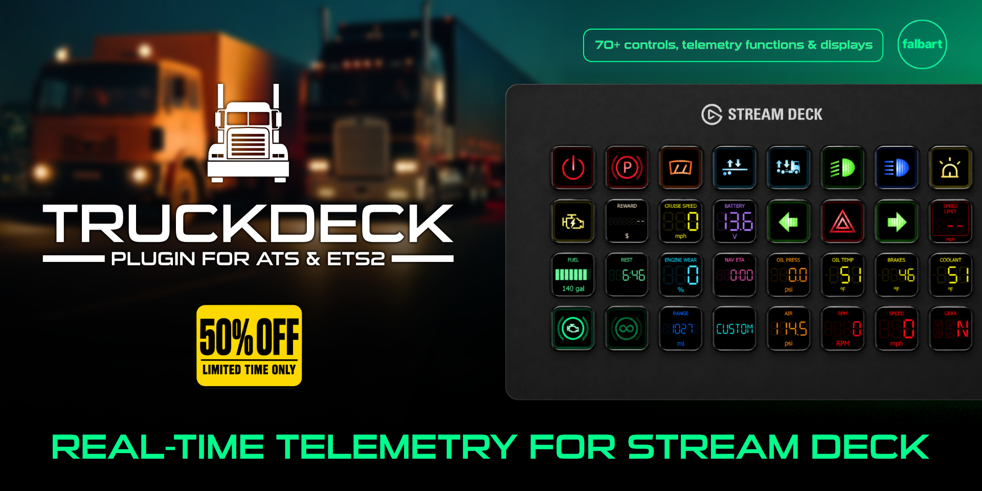 TruckDeck showing live truck telemetry and cab controls on Stream Deck keys