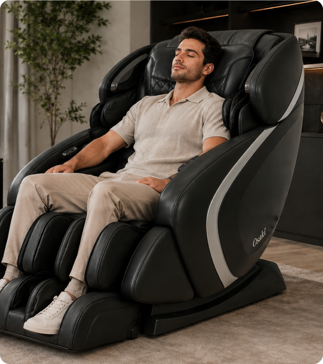 Man relaxing in a massage chair at home. Man relaxing in a massage chair at home.