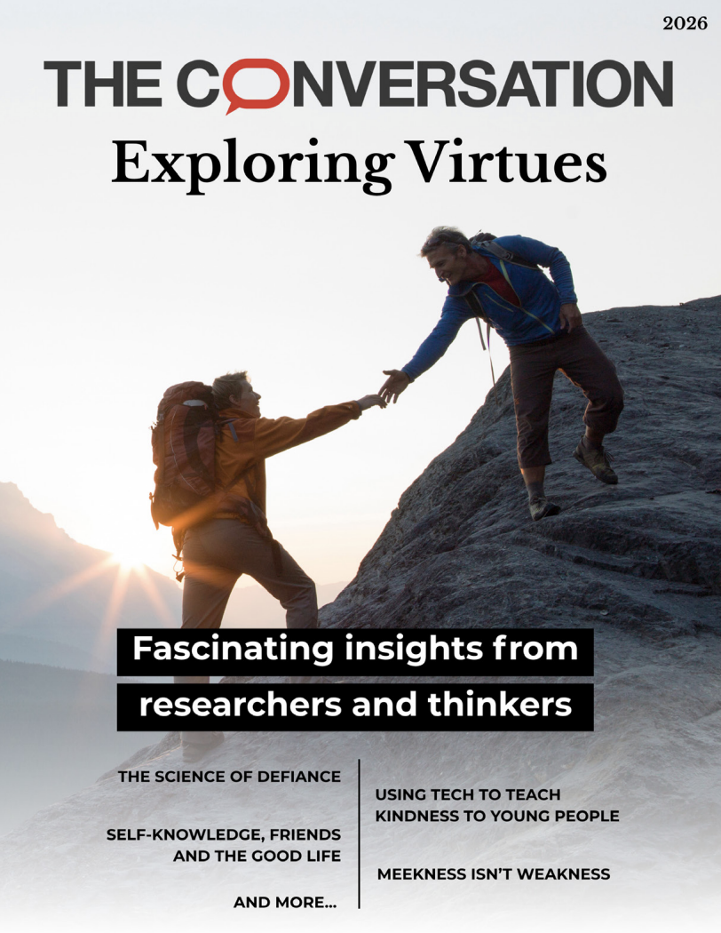 Ebook cover for 'The Conversation: Exploring Virtues,' featuring two hikers helping each other up a rocky mountain slope at sunrise.