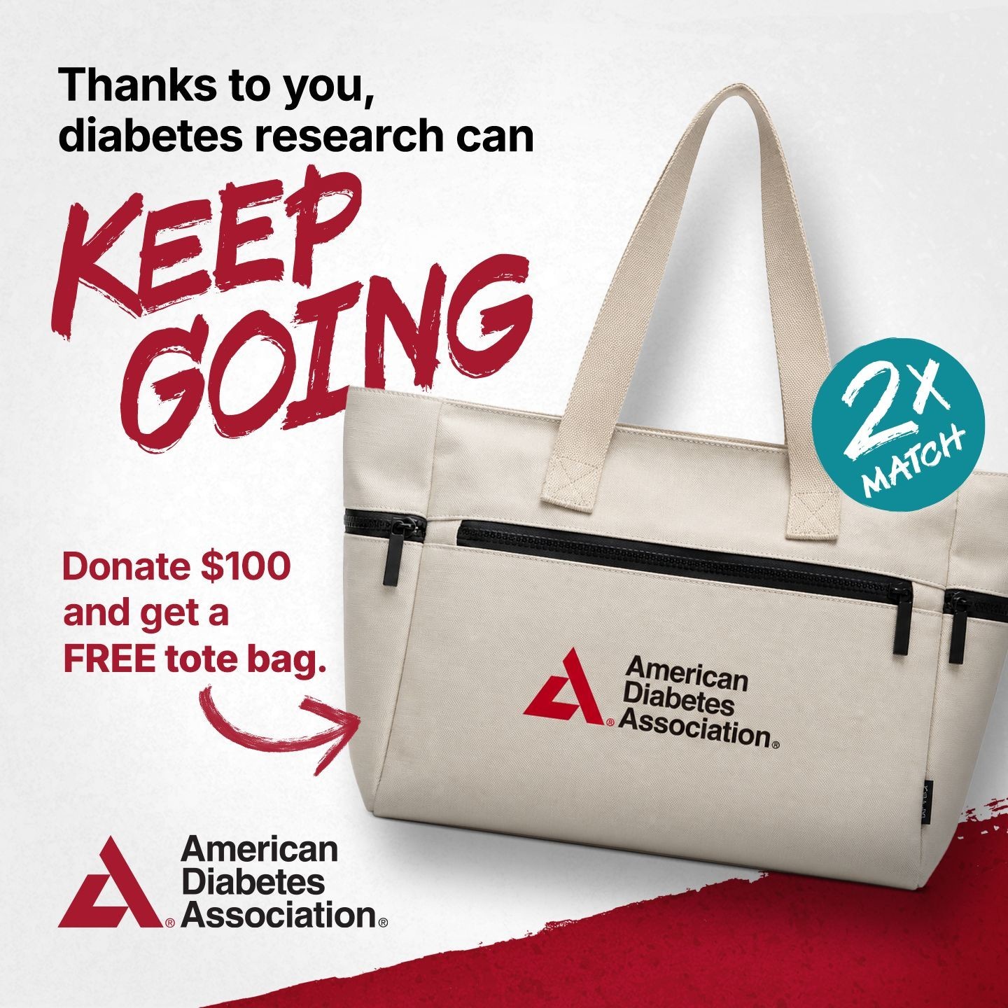 Thanks to you, diabetes research can keep going, Donate $100 and get a free tote bag
