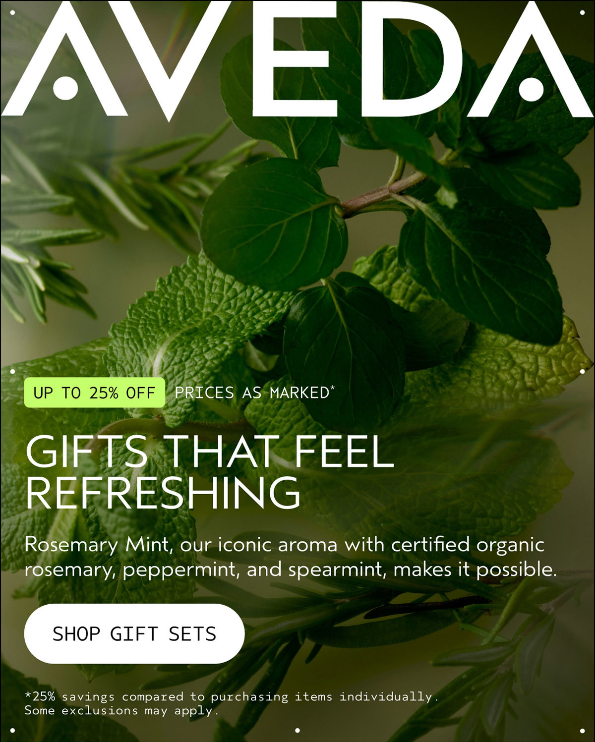 AVEDA | UP TO 25% OFF | PRICES AS MARKED* | GIFTS THAT FEEL REFRESHING | Rosemary Mint, our iconic aroma with certified organic rosemary, peppermint, and spearmint, makes it possible. | SHOP GIFT SETS | *25% savings compared to purchasing items individually. Some exclusions may apply.
