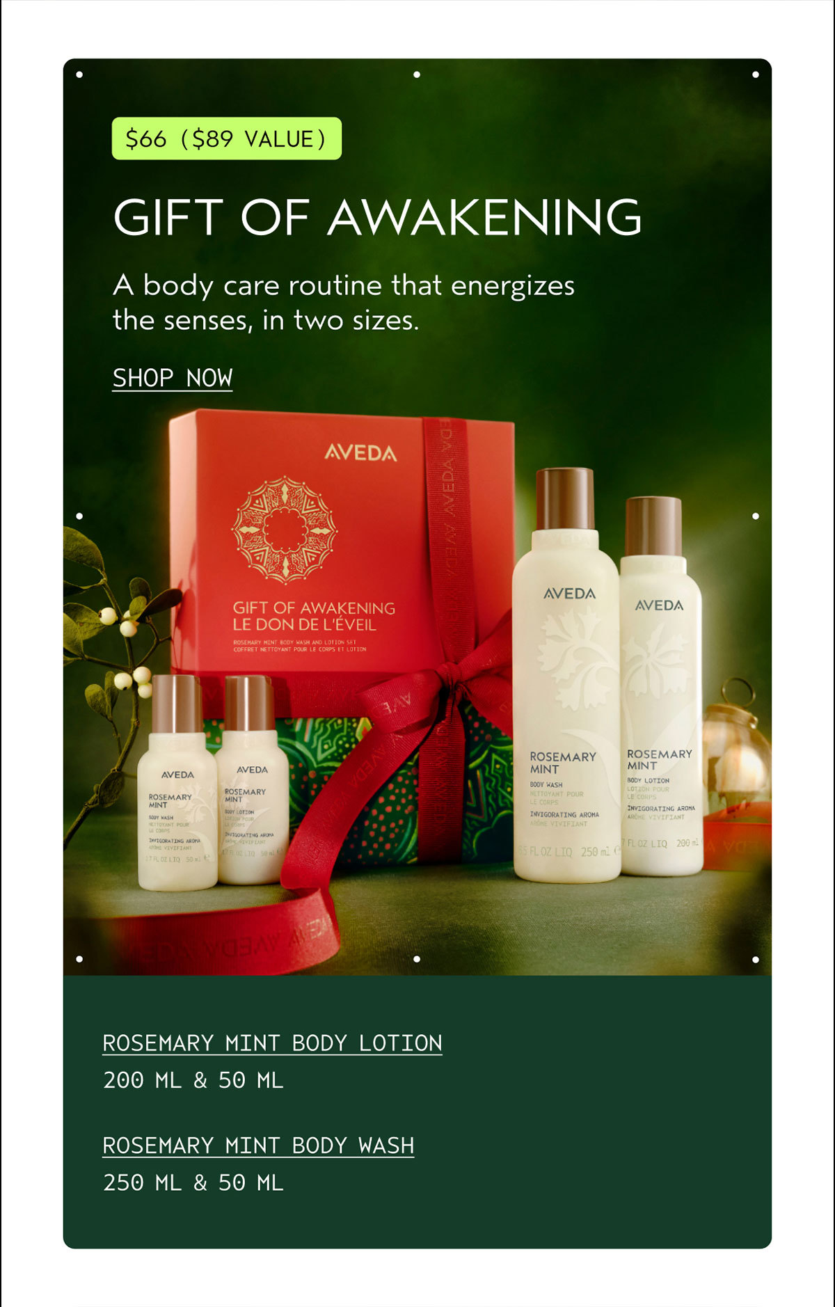$66 ($89 VALUE) | GIFT OF AWAKENING | A body care routine that energizes the senses, in two sizes. | SHOP NOW | ROSEMARY MINT BODY LOTION | 200 ML & 50 ML | ROSEMARY MINT BODY WASH | 250 ML & 50 ML