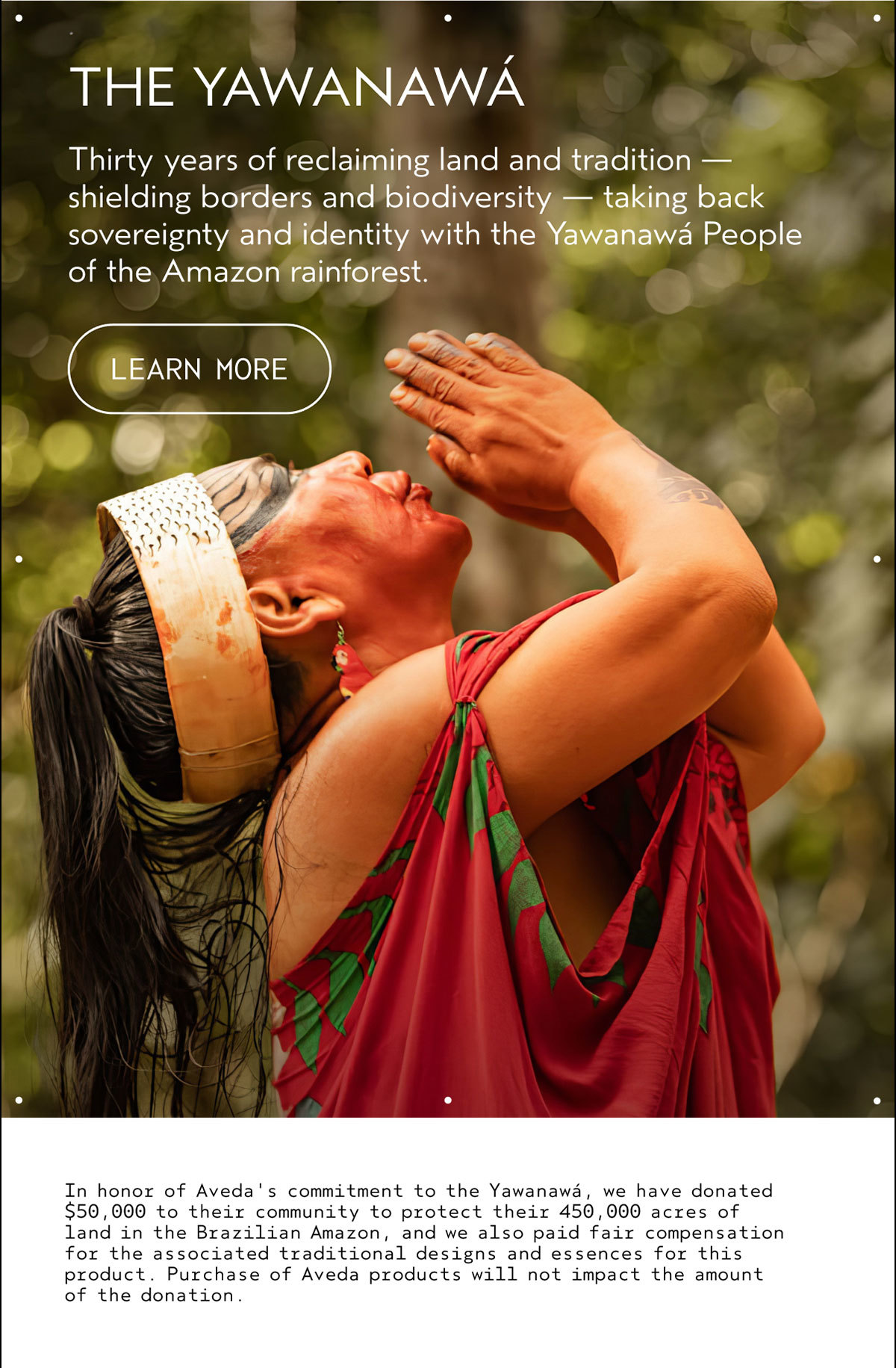 THE YAWANAWÁ | Thirty years of reclaiming land and tradition — shielding borders and biodiversity — taking back sovereignty and identity with the Yawanawá People of the Amazon rainforest. | LEARN MORE | In honor of Aveda's commitment to the Yawanawá, we have donated $50,000 to their community to protect their 450,000 acres of land in the Brazilian Amazon, and we also paid fair compensation for the associated traditional designs and essences for this product. Purchase of Aveda products will not impact the amount of the donation.