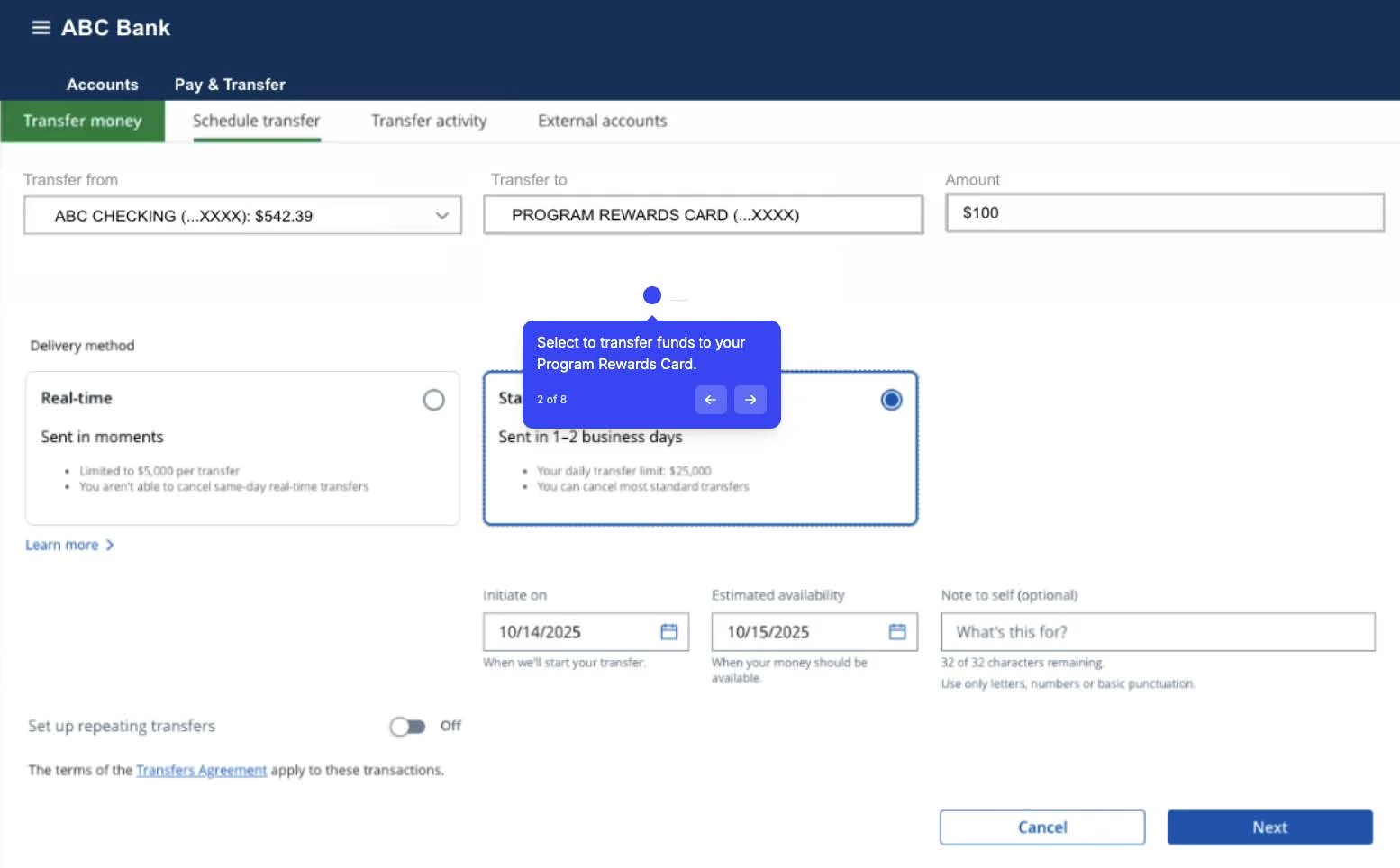 Example transfer screen with Program Rewards Card selected in the Transfer to field. Tip: Select to transfer funds to your Program Rewards Card.