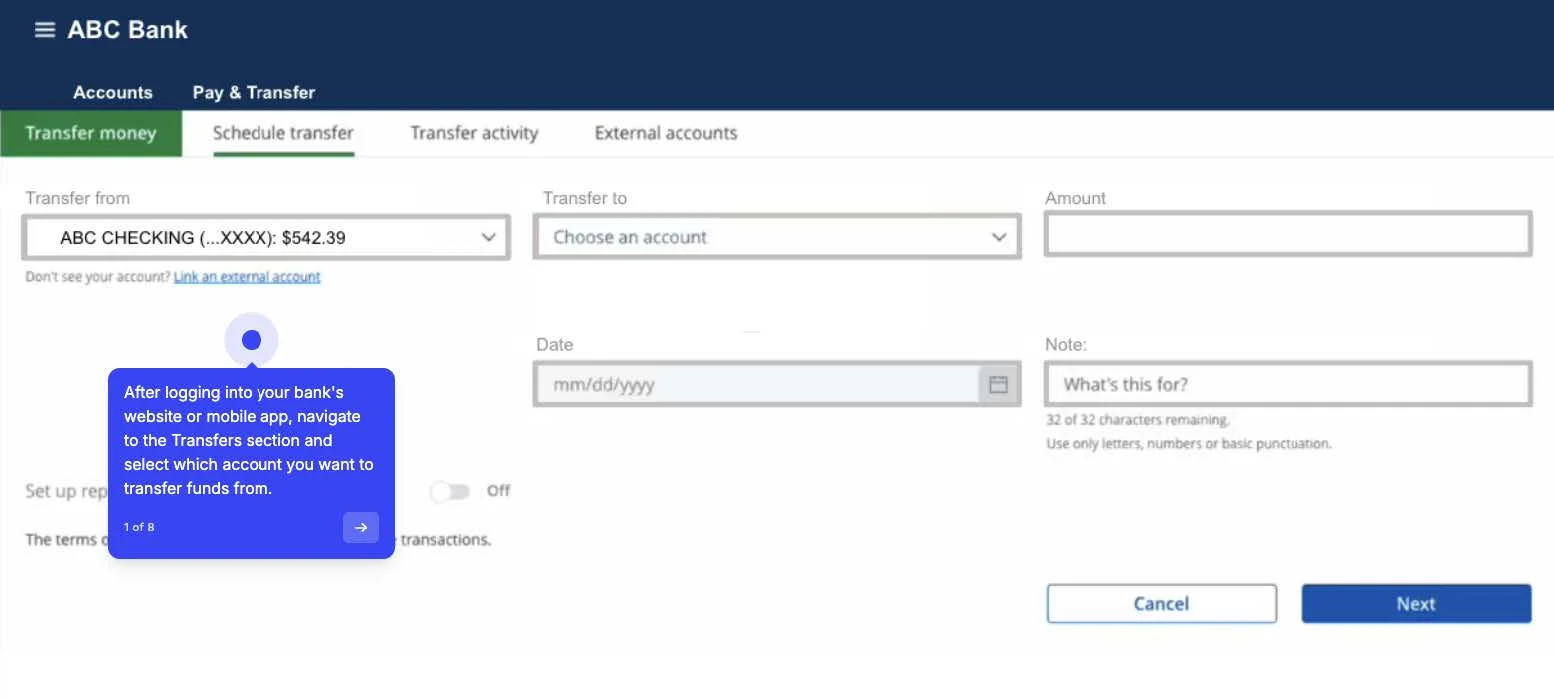 Example bank transfer screen with the Transfer from account field highlighted. Tip: After logging into your bank's website or mobile app, navigate to the Transfers section and select which account you want to transfer funds from.
