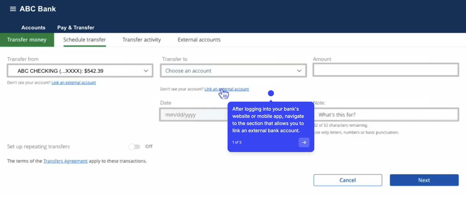 Example bank transfer screen with the Link an external account option highlighted. Tip: After logging into your bank's website or mobile app, navigate to the section that allows you to link an external bank account.