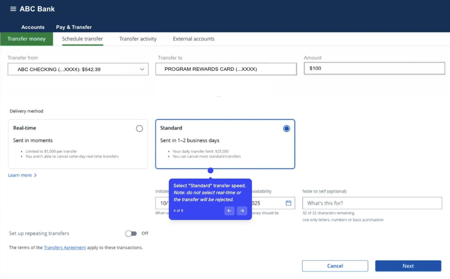 Example transfer screen with the Standard delivery method selected. Tip: Select Standard transfer speed. Note: do not select real-time or the transfer will be rejected.