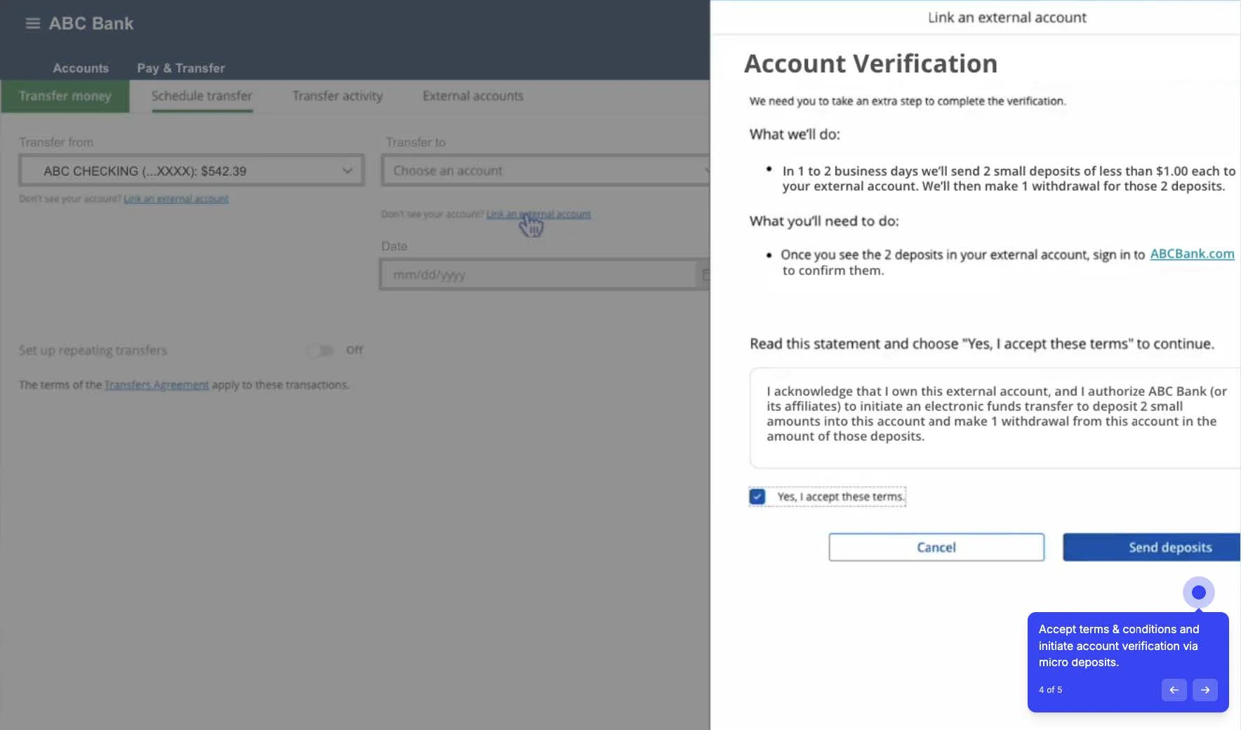 Example Account Verification screen with the accept terms checkbox and Send deposits button. Tip: Accept terms and conditions and initiate account verification via micro deposits.