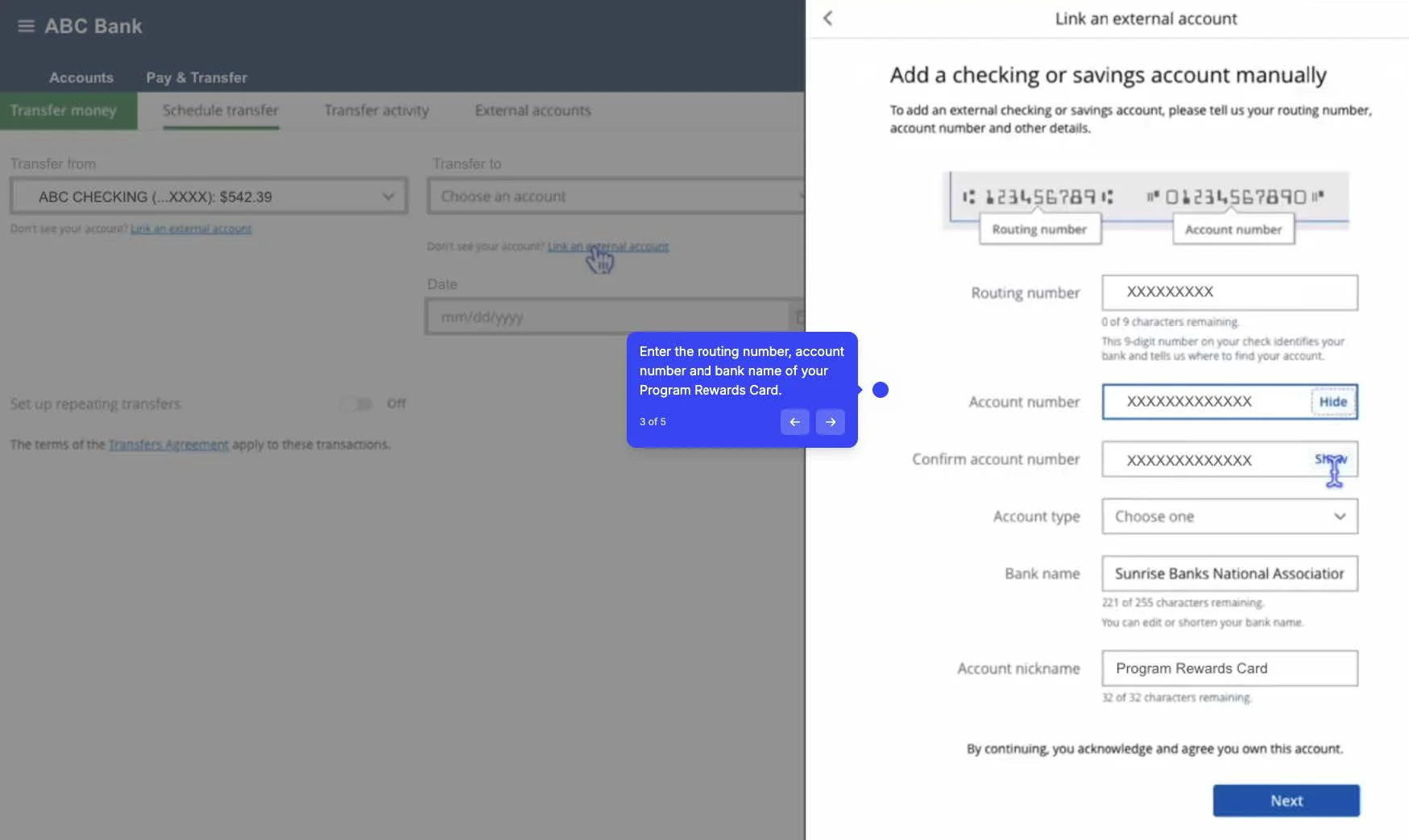 Example Add a checking or savings account manually form with routing number, account number, and bank name fields. Tip: Enter the routing number, account number and bank name of your Program Rewards Card.