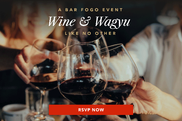 GIF of clinking wine glasses and a smiling woman enjoying the Bar Fogo event with the caption 'Wine & Waygu Like No Other'