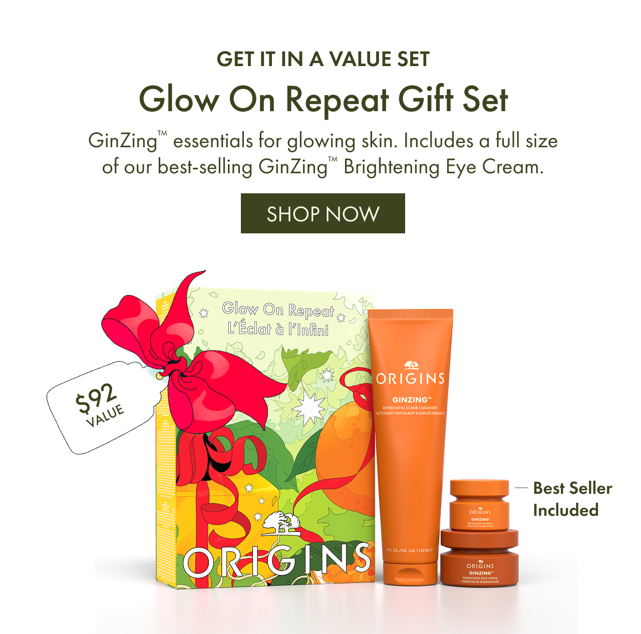 Get It In A Value Set | Glow on Repeat Gift Set | GinZing™ essentials for glowing skin. Includes a full size of our best-selling GinZing™ Brightening Eye Cream. | SHOP NOW