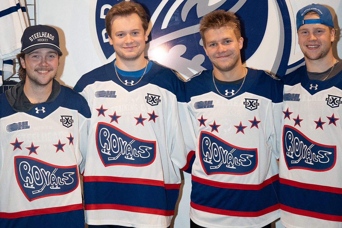 From left, Brampton Steelheads players MacGregor Richmond, Reed Gee, Kieran Witkowski, and Easton Mikus in the Cornwall Royals jerseys the team will wear during the Seaway Shootout games to be played in Cornwall on Oct. 16-17, 2026. (Handout/Cornwall Standard-Freeholder/Postmedia Network)